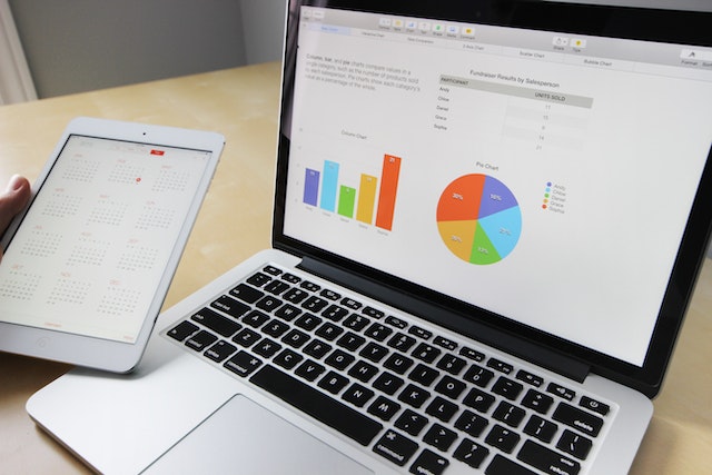 computer with pie chart showing investments