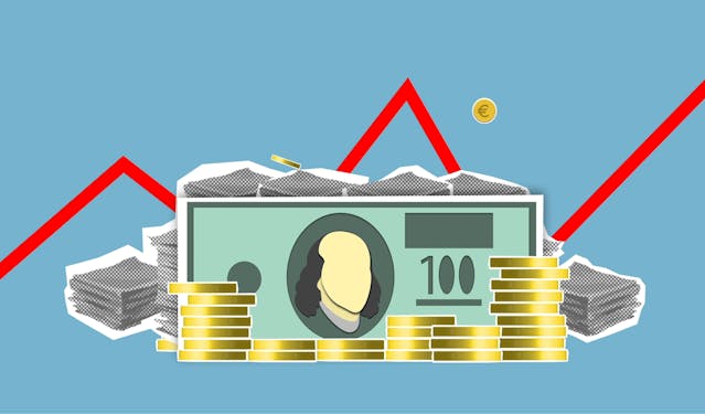graph behind 100 dollar bill and coins clipart