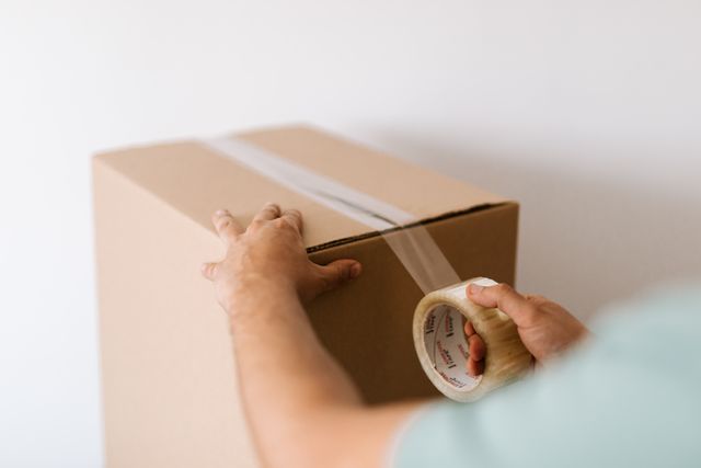 a person closing a box with tape